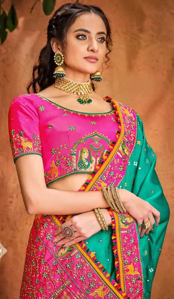 Rama Color Turban Silk Heavy Bridal Wedding Wear Saree Blouse -9807115290