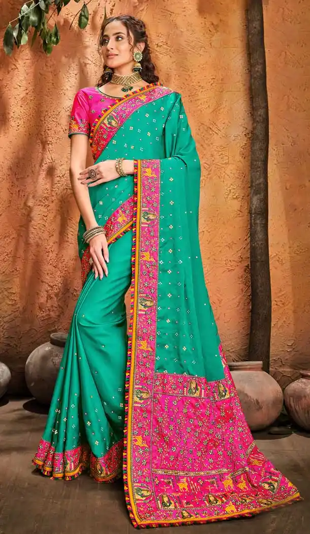 Rama Color Turban Silk Heavy Bridal Wedding Wear Saree Blouse -9807115290