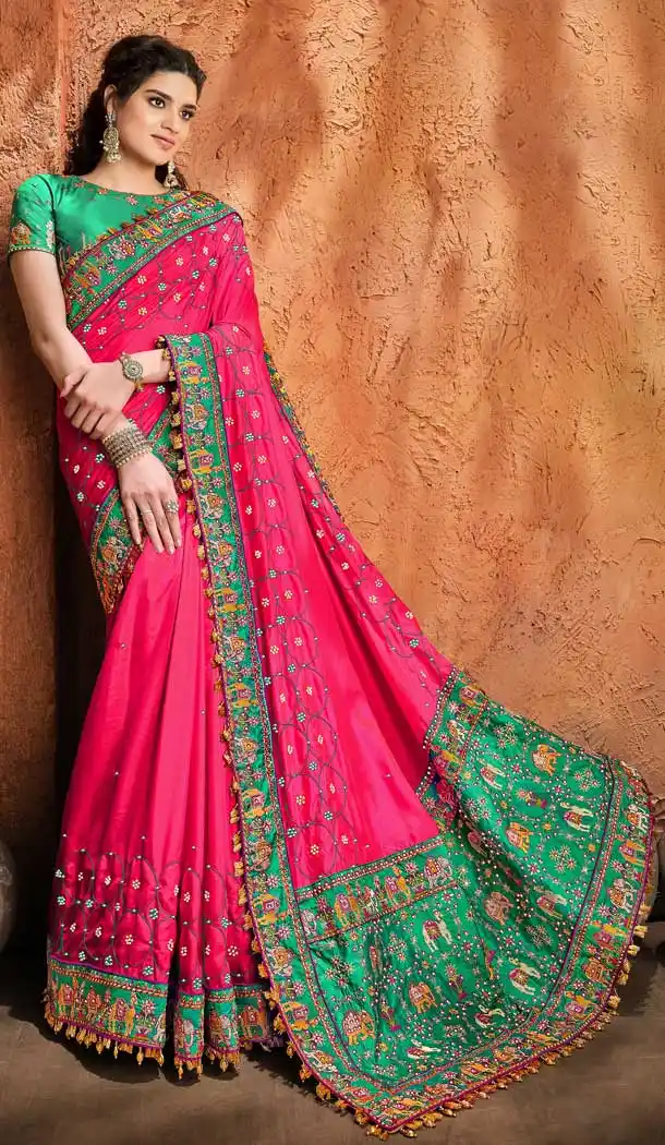 RanI Pink Color Pure Satin Silk Heavy Bridal Wedding Wear Saree Blouse -9807115293