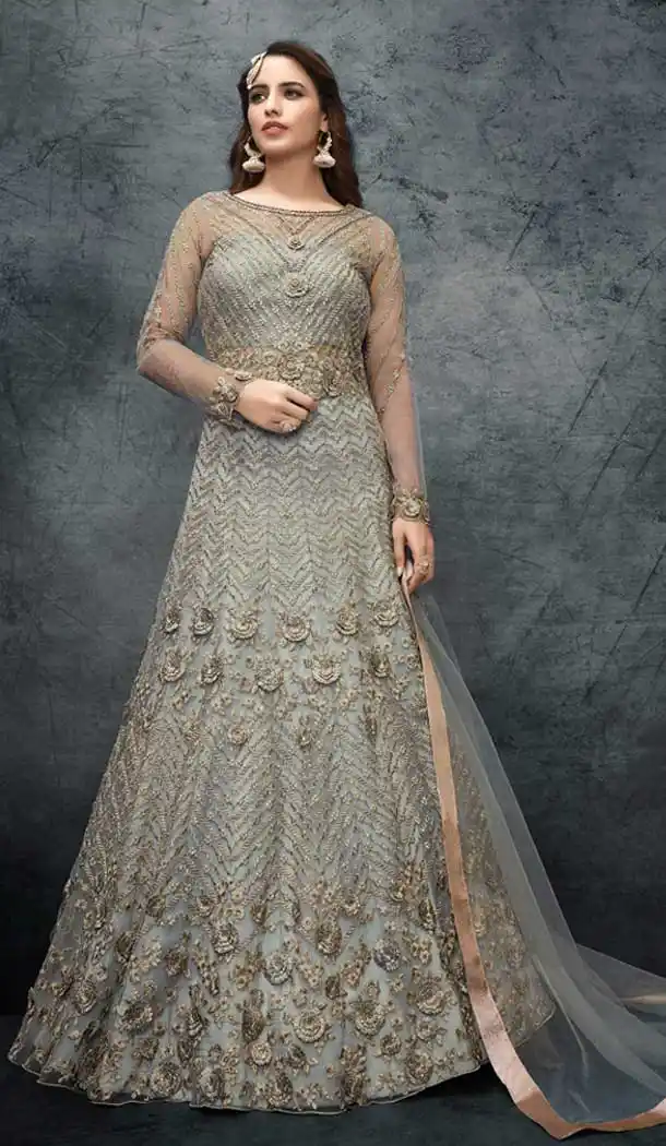 Grey Color Soft Net Bridal Designer Festive Party Wear Women Gown Suit -9808115296