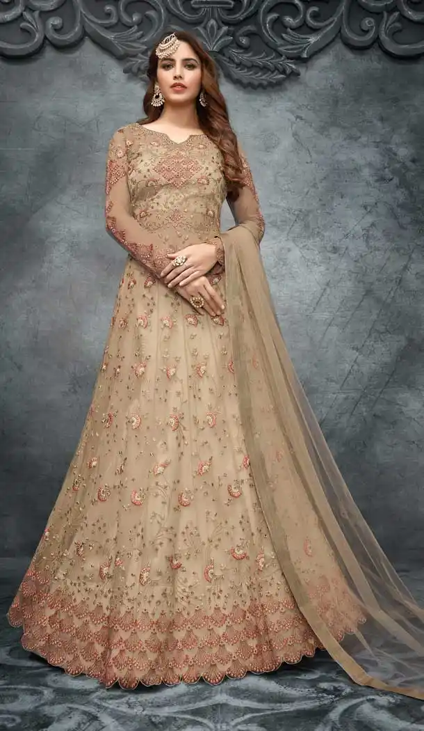 Beige Color Soft Net Bridal Designer Festive Party Wear Women Gown Suit -9808115298