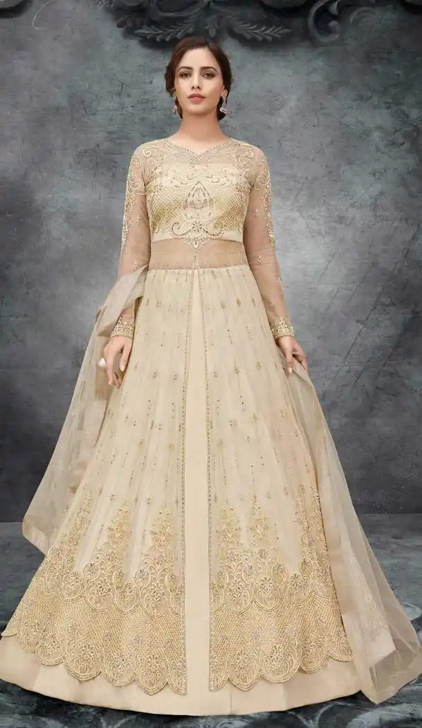 Cream Color Soft Net Bridal Designer Festive Party Wear Women Gown Suit -9808115299