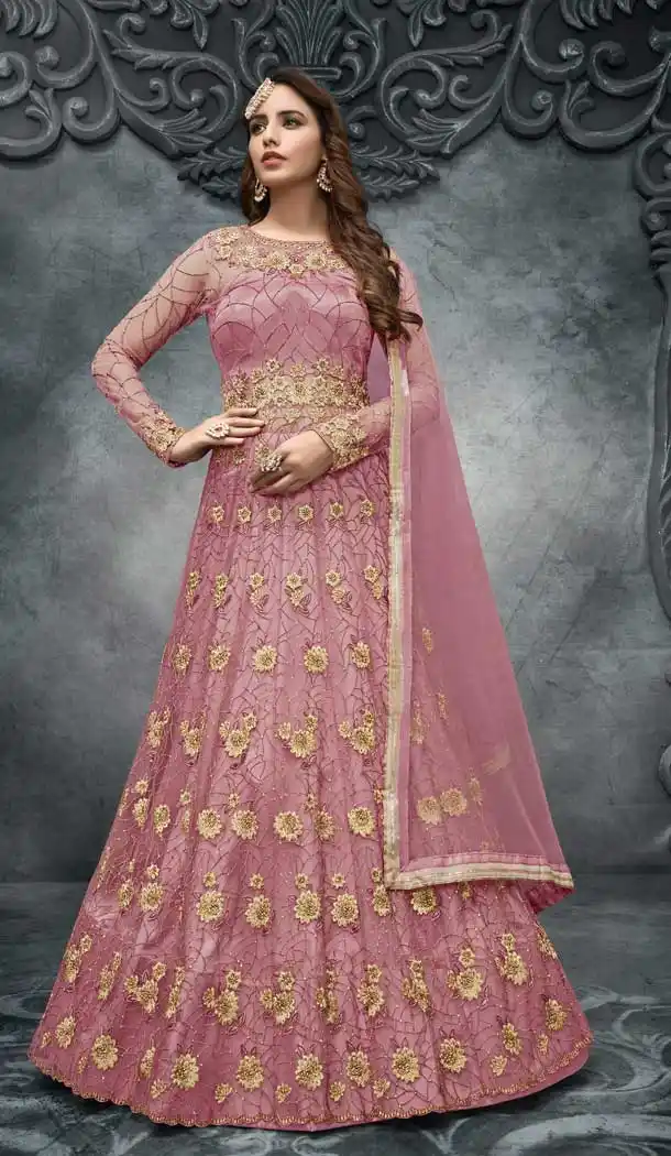 Old Rose Color Soft Net Bridal Designer Festive Party Wear Women Gown Suit -9808115300