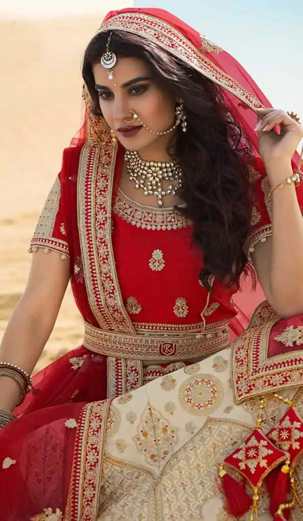 Off White Color Silk Designer Heavy Bridal Wedding Wear Women Lehenga Choli -9810115313