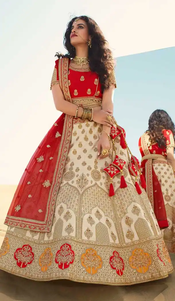 Off White Color Silk Designer Heavy Bridal Wedding Wear Women Lehenga Choli -9810115313