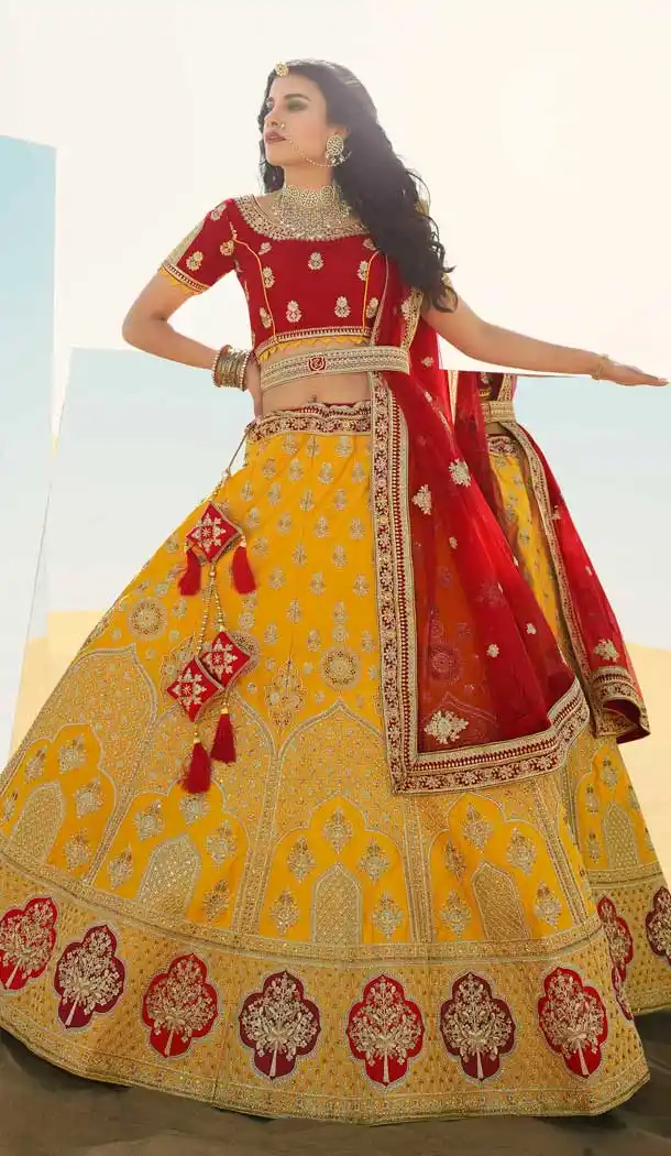 Yellow Color Silk Designer Heavy Bridal Wedding Wear Women Lehenga Choli -9810115315
