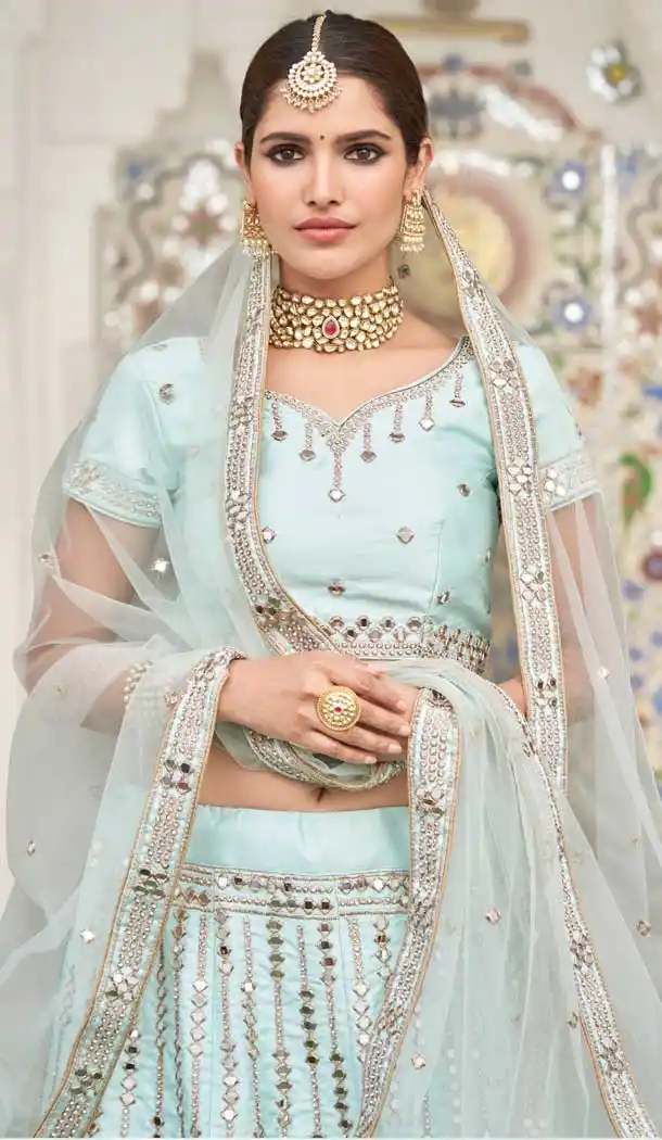 Ice Blue Color Heavy Silk With Fusing Bridal Wedding Wear Lehenga Choli -9819115367