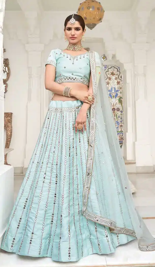 Ice Blue Color Heavy Silk With Fusing Bridal Wedding Wear Lehenga Choli -9819115367