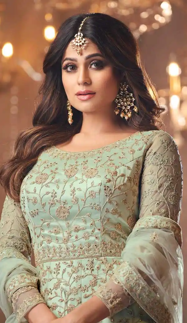 Pista Color Butterfly Net Shamita Shetty Designer Anarkali Salwar Kameez -9841115522