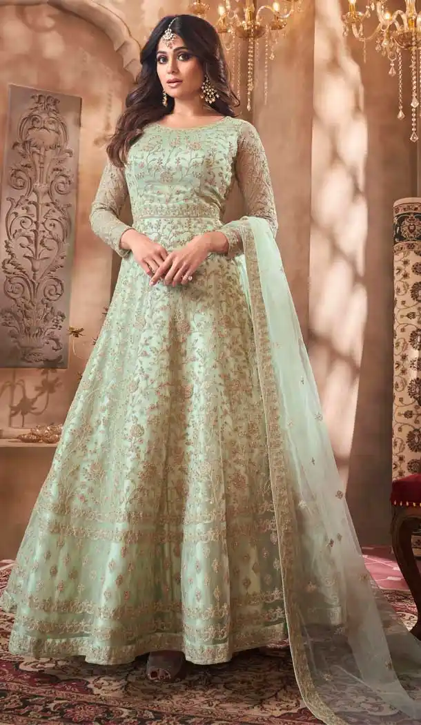 Pista Color Butterfly Net Shamita Shetty Designer Anarkali Salwar Kameez -9841115522