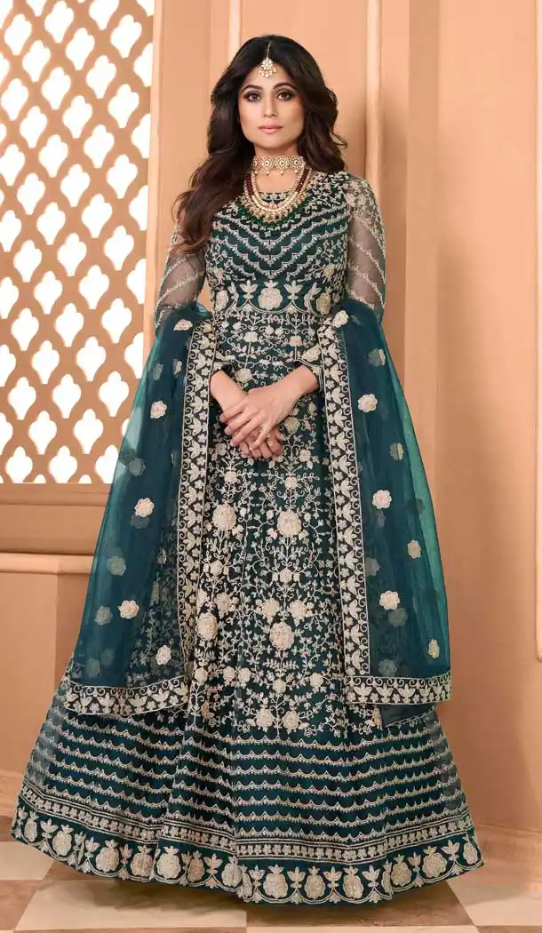 Teal Blue Color Butterfly Net Shamita Shetty Designer Anarkali Salwar Kameez -9841115524