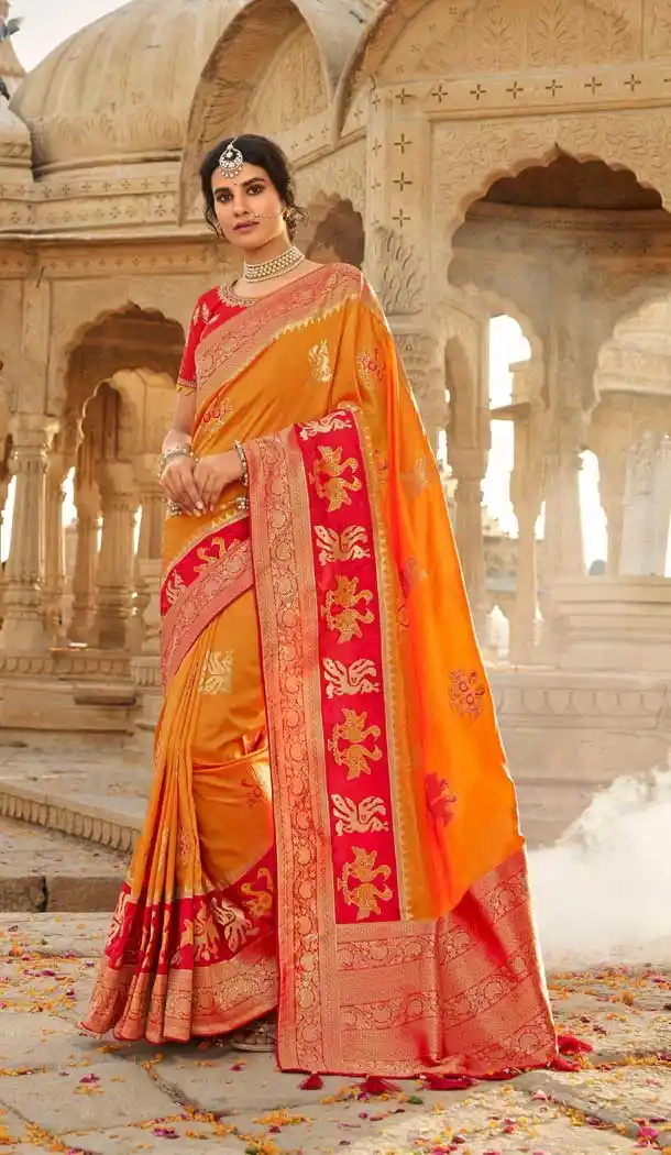 Musterd Color Pure Silk Heavy Designer Traditional Wear Saree Blouse -9863115692