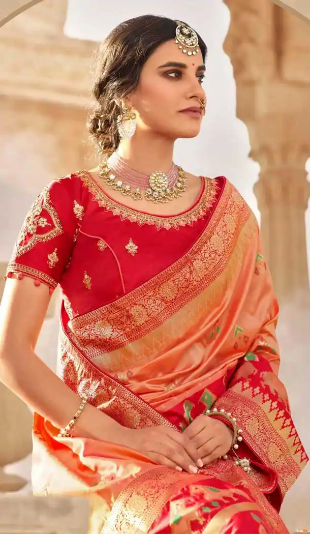 Peach Color Pure Silk Heavy Designer Traditional Wear Saree Blouse -9863115693
