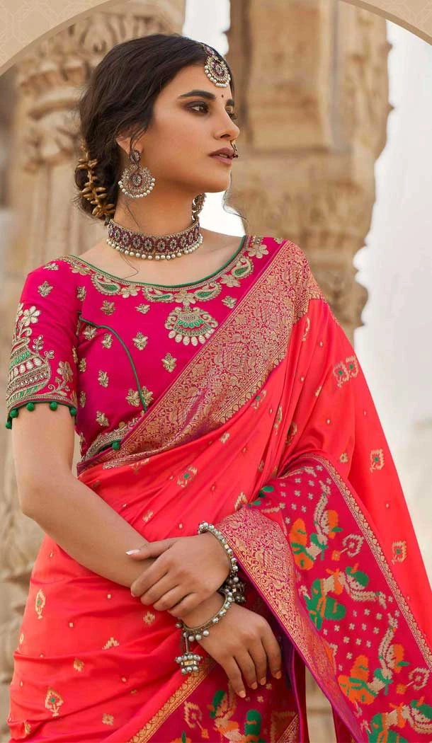 Peach Pink Color Pure Silk Heavy Designer Traditional Wear Saree Blouse -9863115696