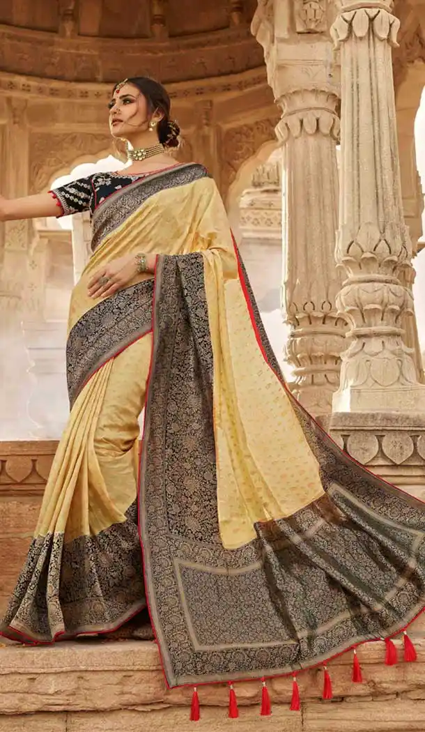 Cream Color Pure Silk Heavy Designer Traditional Wear Saree Blouse -9863115698