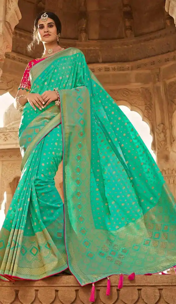 Sea Green Color Pure Silk Heavy Designer Traditional Wear Saree Blouse -9863115700