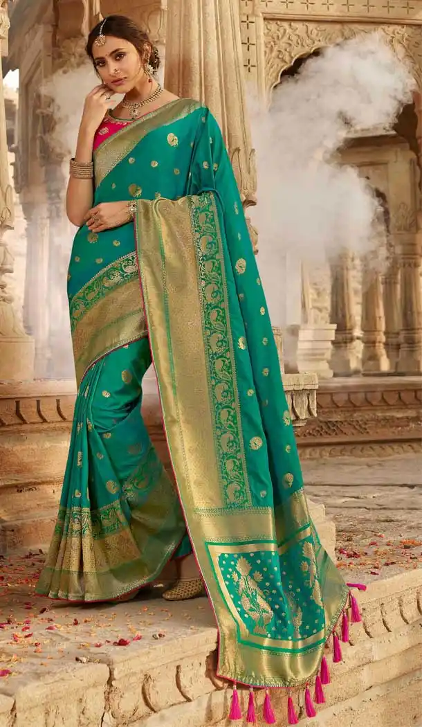 Rama Green Color Pure Silk Heavy Designer Traditional Wear Saree Blouse -9863115702