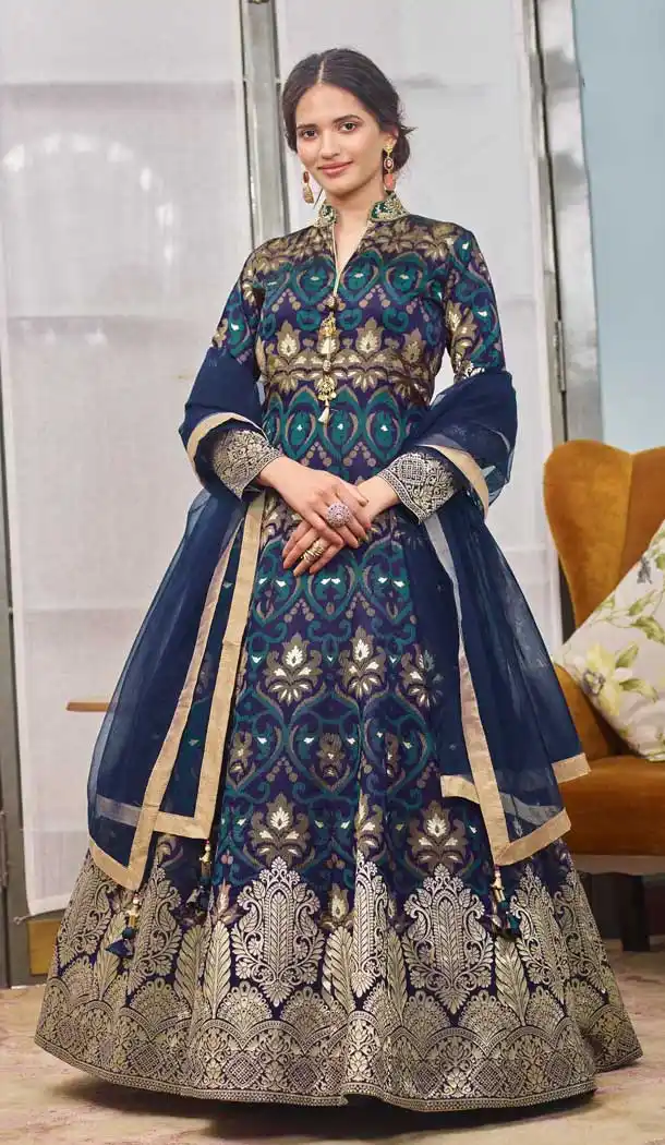 Fascinating Blue Color Jacquard Designer Radymade Party Wear Gown Suit -9869115749
