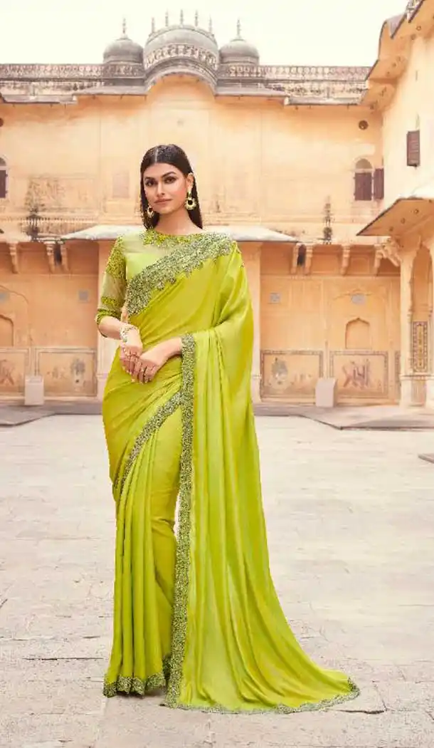 Lemon Color Two Tone Silk Embroidered Party Wear Saree Blouse -9890115872
