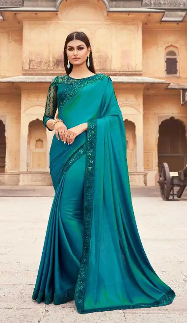 Blue Color Two Tone Silk Embroidered Party Wear Saree Blouse -9890115874