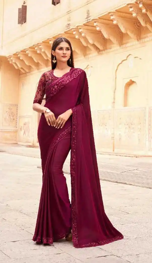 Wine Color Two Tone Silk Embroidered Party Wear Saree Blouse -9890115875