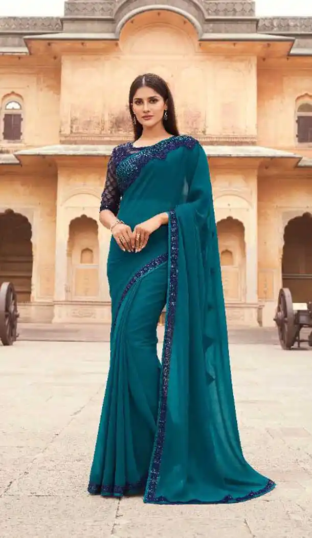 Rama Color Blooming Georgette Embroidered Party Wear Saree Blouse -9890115879