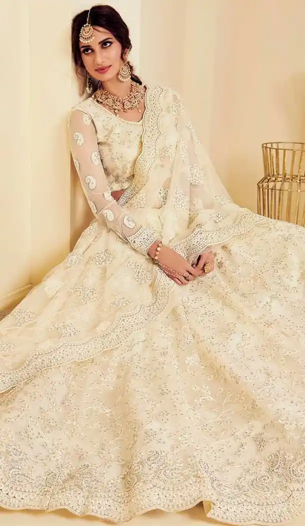 Off White Color Heavy Net Designer Bridal Wedding Sangeet Wear Lehenga Choli -9902115974