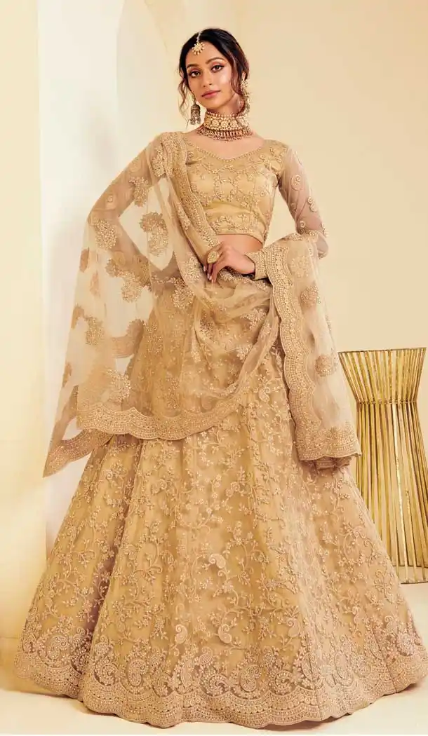 Golden Color Heavy Net Designer Bridal Wedding Sangeet Wear Lehenga Choli -9902115975
