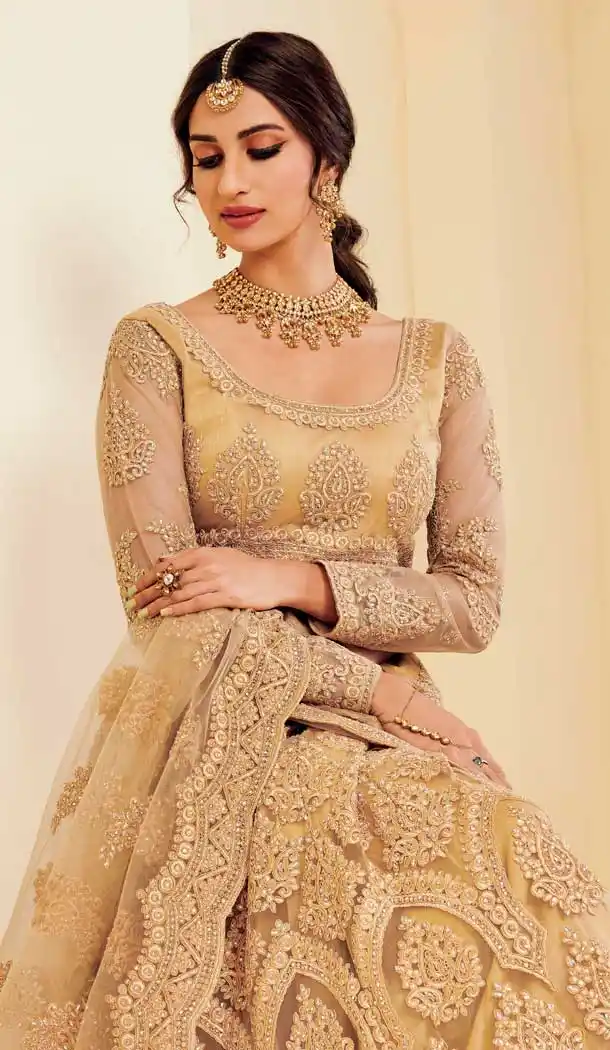 Golden Color Heavy Net Designer Bridal Wedding Sangeet Wear Lehenga Choli -9902115977