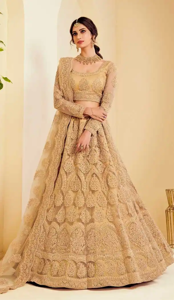 Golden Color Heavy Net Designer Bridal Wedding Sangeet Wear Lehenga Choli -9902115977