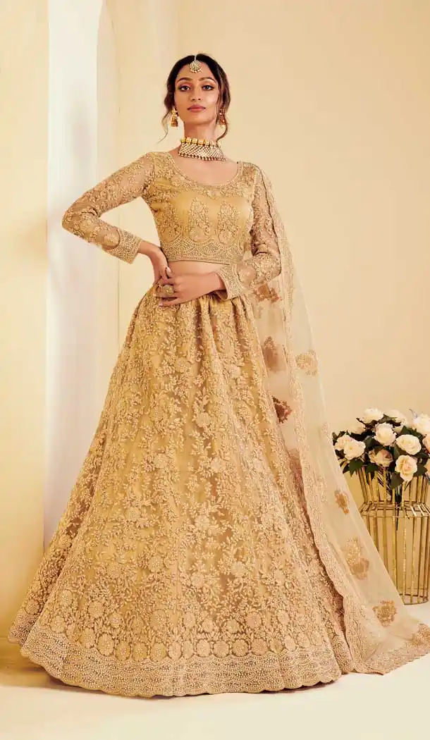 Golden Color Heavy Net Designer Bridal Wedding Sangeet Wear Lehenga Choli -9902115979