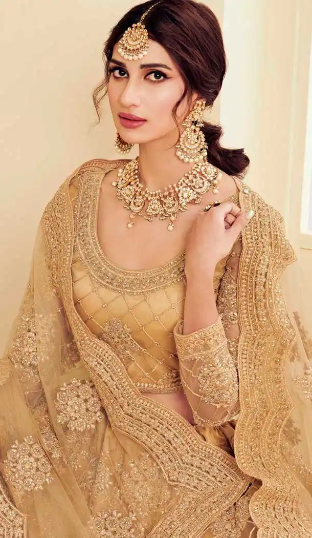 Golden Color Heavy Net Designer Bridal Wedding Sangeet Wear Lehenga Choli -9902115981