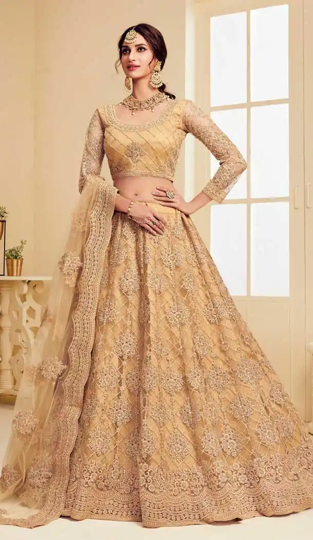 Golden Color Heavy Net Designer Bridal Wedding Sangeet Wear Lehenga Choli -9902115981
