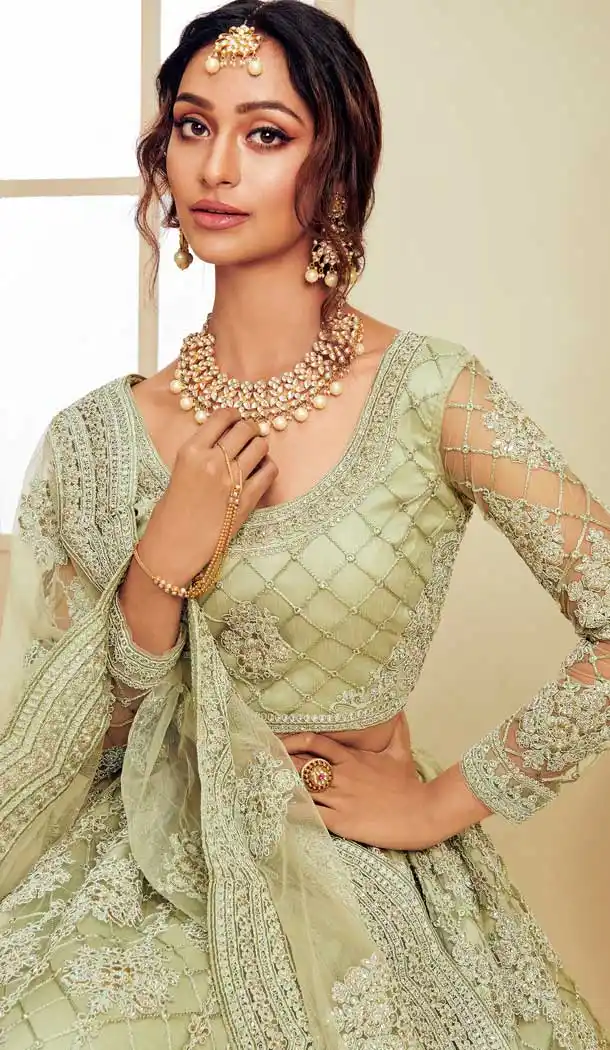 Mint Green Color Heavy Net Designer Bridal Wedding Sangeet Wear Lehenga Choli -9902115983