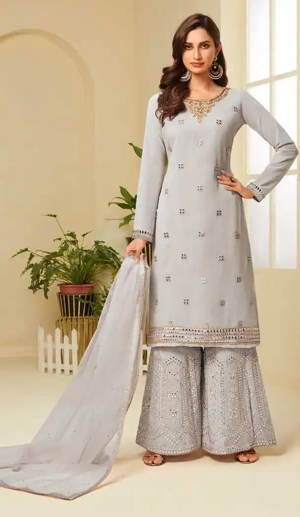 Grey Color Georgette Designer Heavy Embroidered Sharara Suit -9923116271