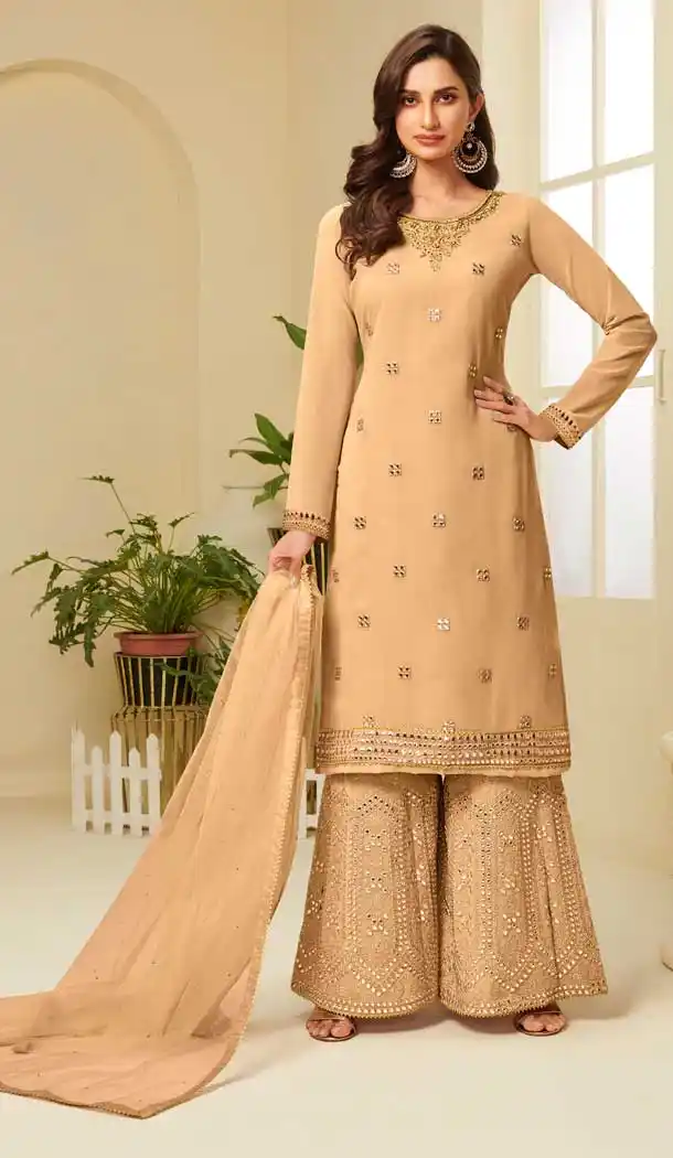 Musterd Color Georgette Designer Heavy Embroidered Sharara Suit -9923116272