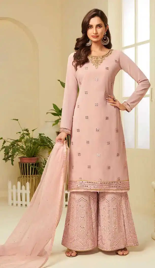 Peach Color Georgette Designer Heavy Embroidered Sharara Suit -9923116273