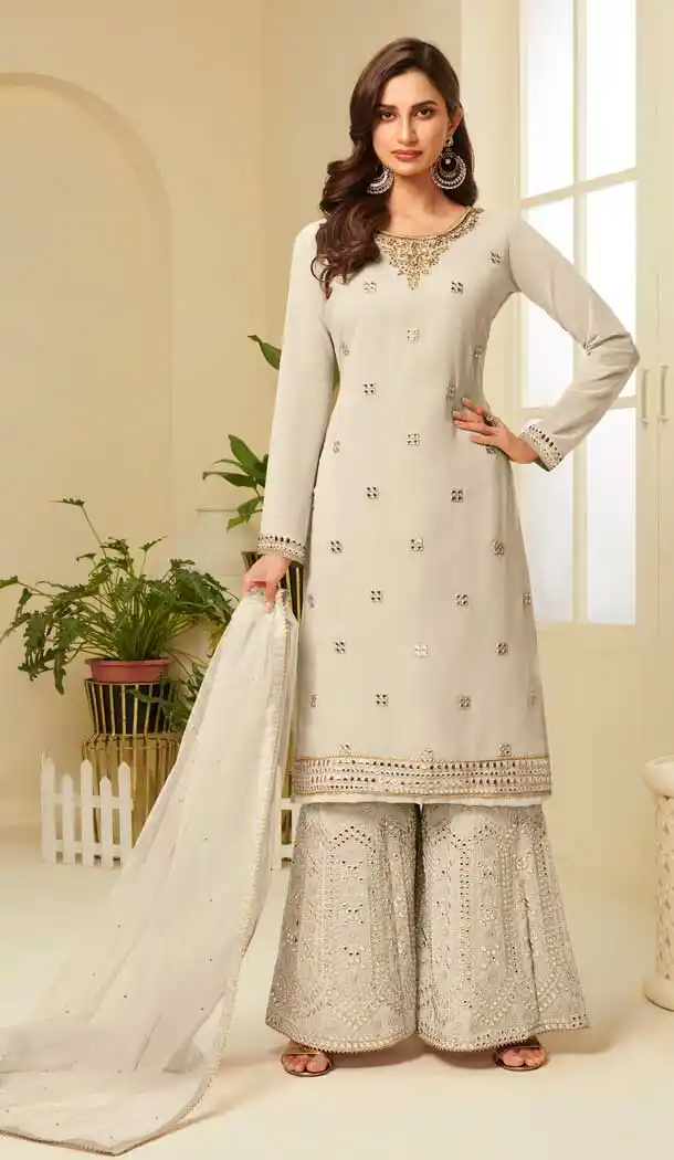 Off White Color Georgette Designer Heavy Embroidered Sharara Suit -9923116275