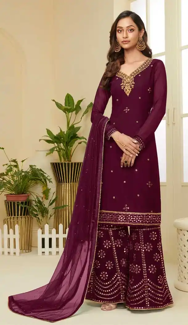 Wine Color Georgette Designer Heavy Embroidered Sharara Suit -9923116276