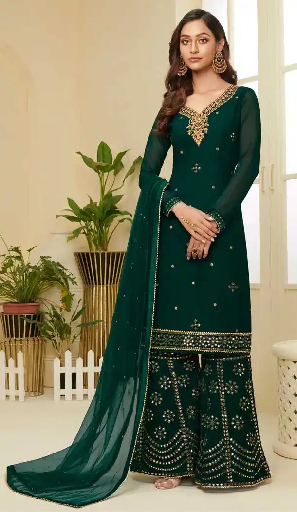 Green Color Georgette Designer Heavy Embroidered Sharara Suit -9923116277