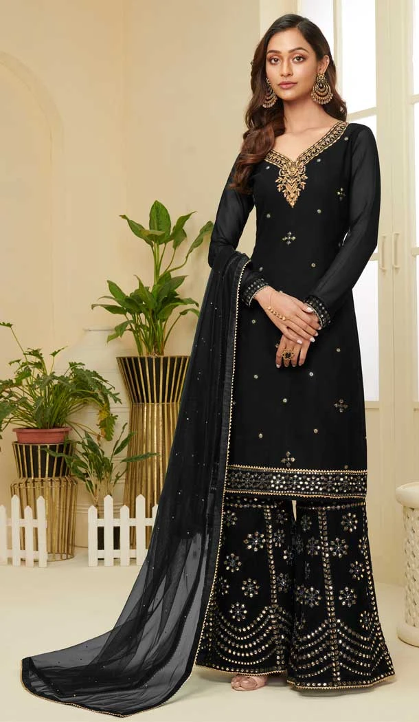 Black Color Georgette Designer Heavy Embroidered Sharara Suit -9923116278