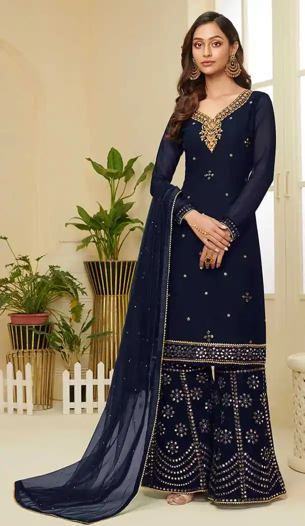 Navy Blue Color Georgette Designer Heavy Embroidered Sharara Suit -9923116279