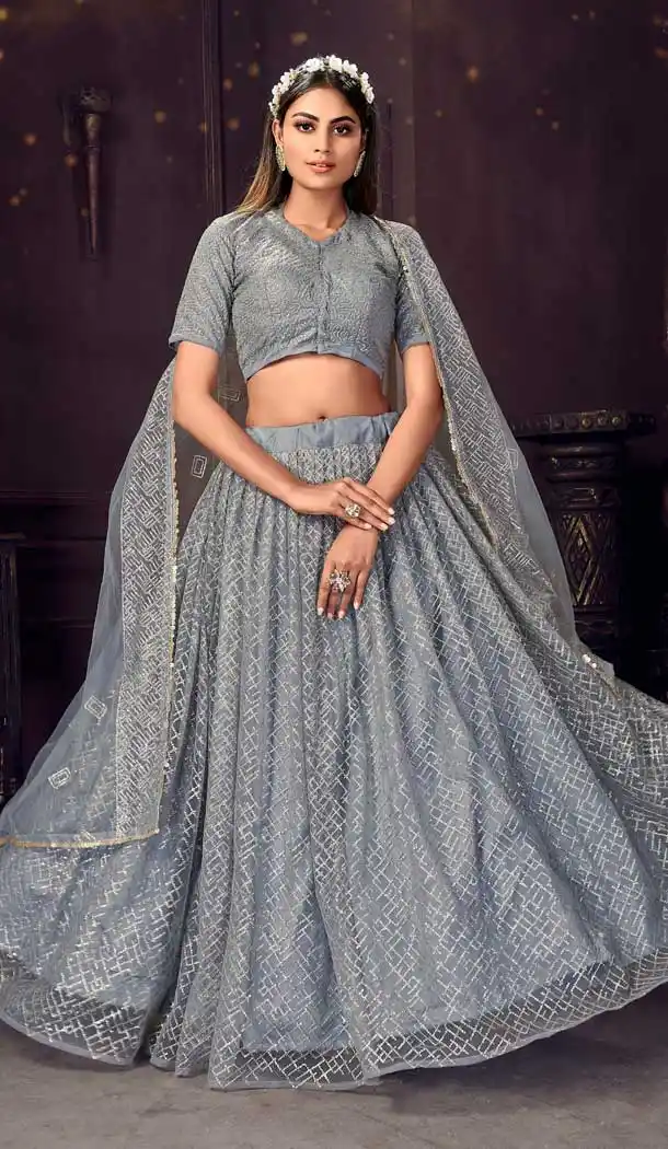 Grey Color Soft Net Designer Traditional Party Wear Lehenga Choli -9926116285