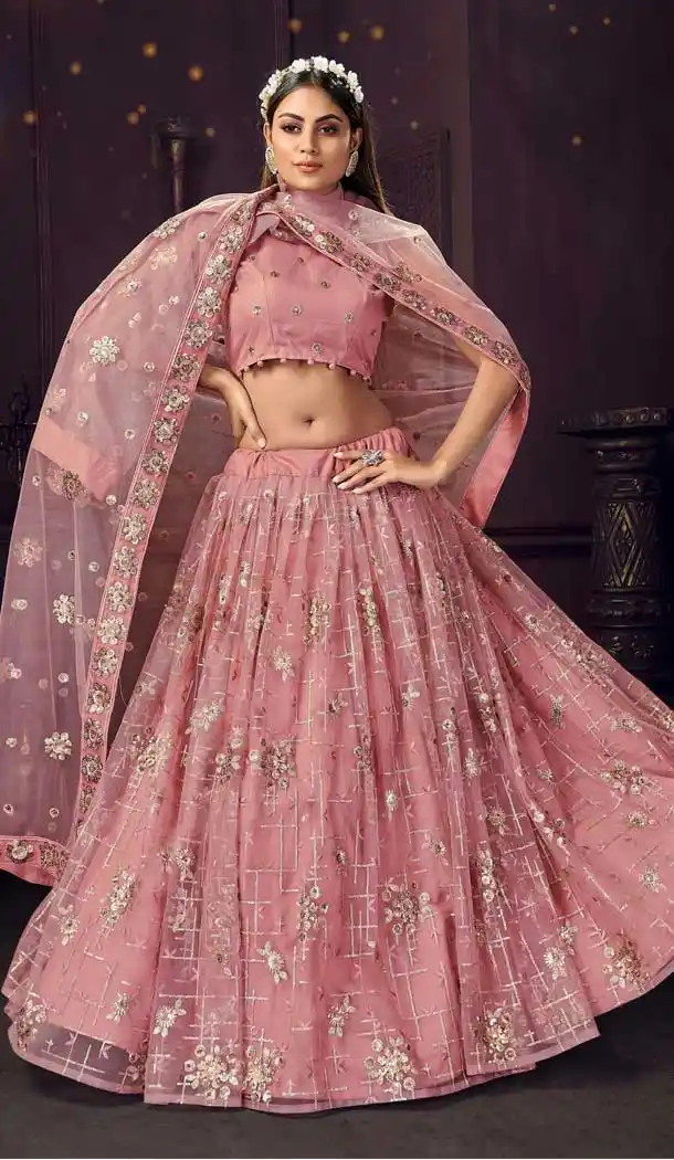 Peach Pink Color Soft Net Designer Traditional Party Wear Lehenga Choli -9926116286