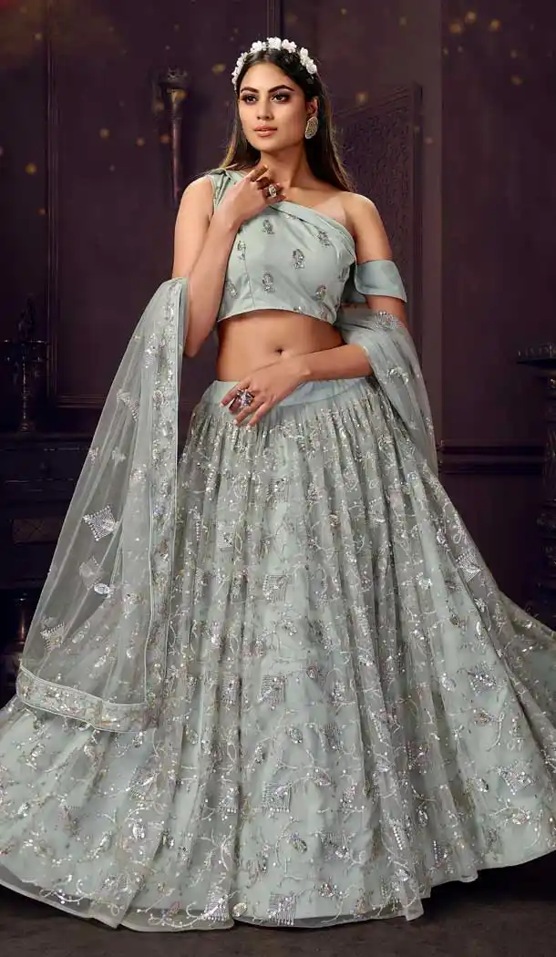 Light Grey Color Soft Net Designer Traditional Party Wear Lehenga Choli -9926116288