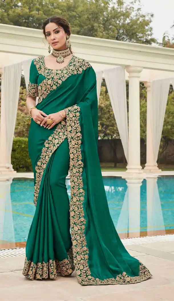Green Color Satin Georgette Designer Party Wear Women Saree Blouse -9938116389