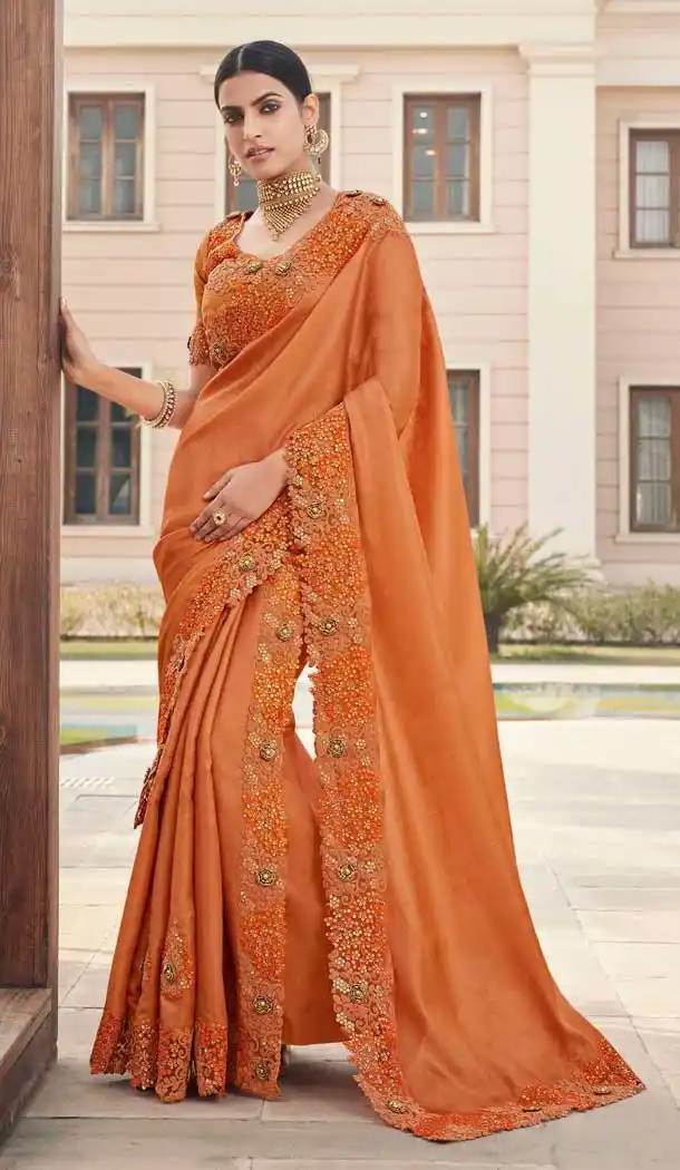 Orange Color Satin Georgette Designer Party Wear Women Saree Blouse -9938116393