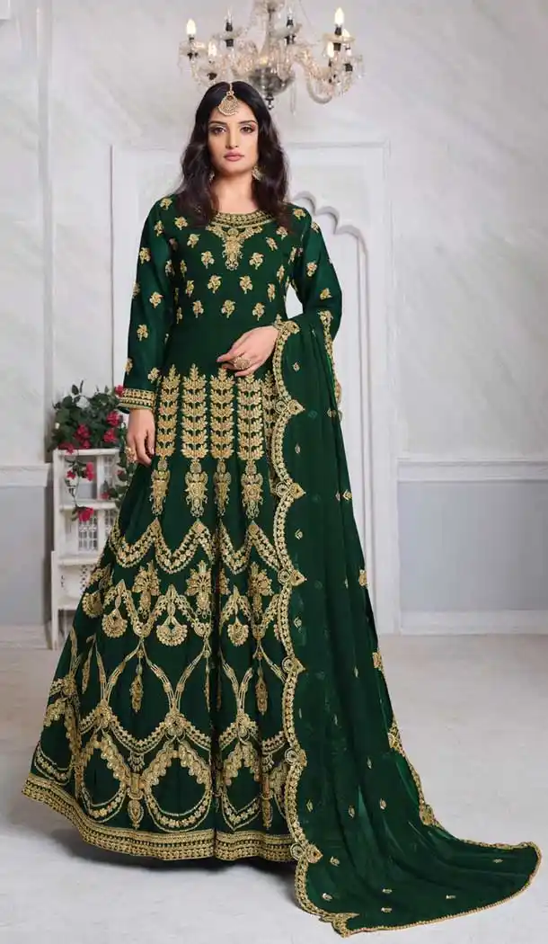 Green Color Foux Georgette Designer Pakistani Style Aanarkali Salwar Suit -9947116534