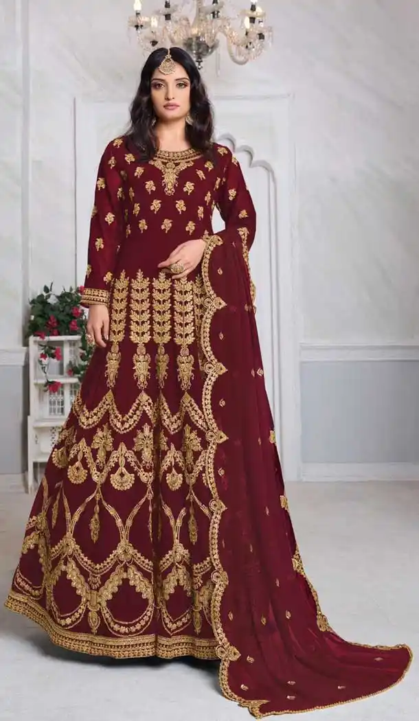 Maroon Color Foux Georgette Designer Pakistani Style Aanarkali Salwar Suit -9947116536