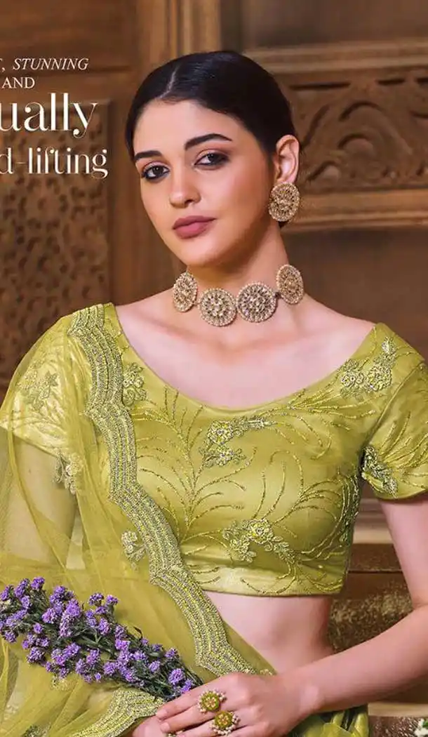 Lime Green Color Net Designer Bridal Wedding Wear Lehenga Choli For Women -9968116675